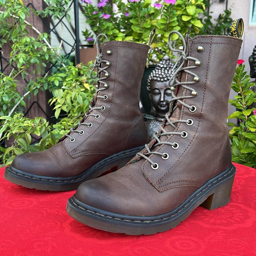 Dr. Martens Granny Style Plaid Lined Mid Calf Lace Up Heeled Brown Leather Boots - Picture 6 of 17